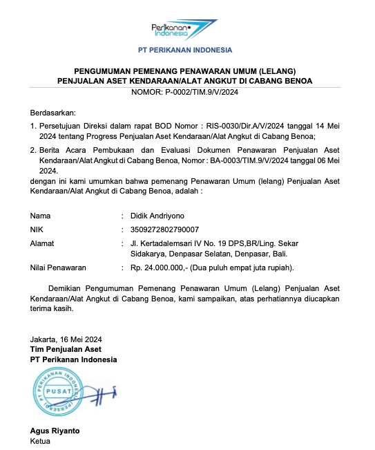 Pengumuman Pemenang Penawaran Umum (lelang) Penjualan Aset Kendaraan/Alat Angkut di Cabang Benoa