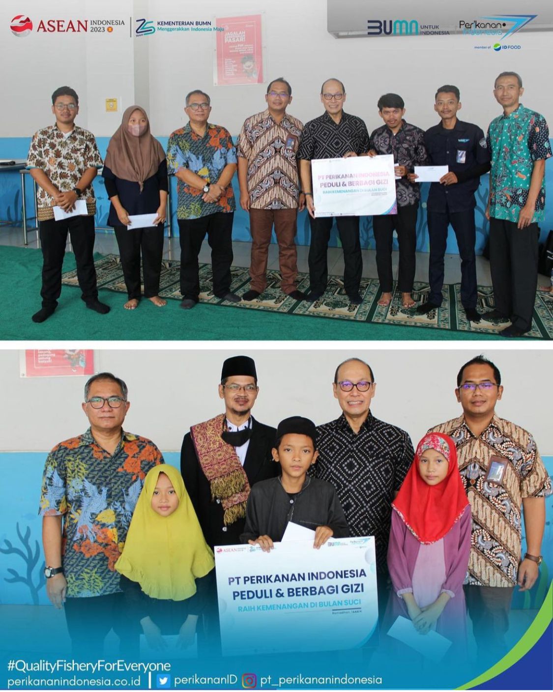 PT Perikanan Indonesia menggelar acara santunan tali asih kepada karyawan dan berbagi gizi melalui pembagian ikan ke anak yatim di kawasan Muara Baru, Jakarta Utara.