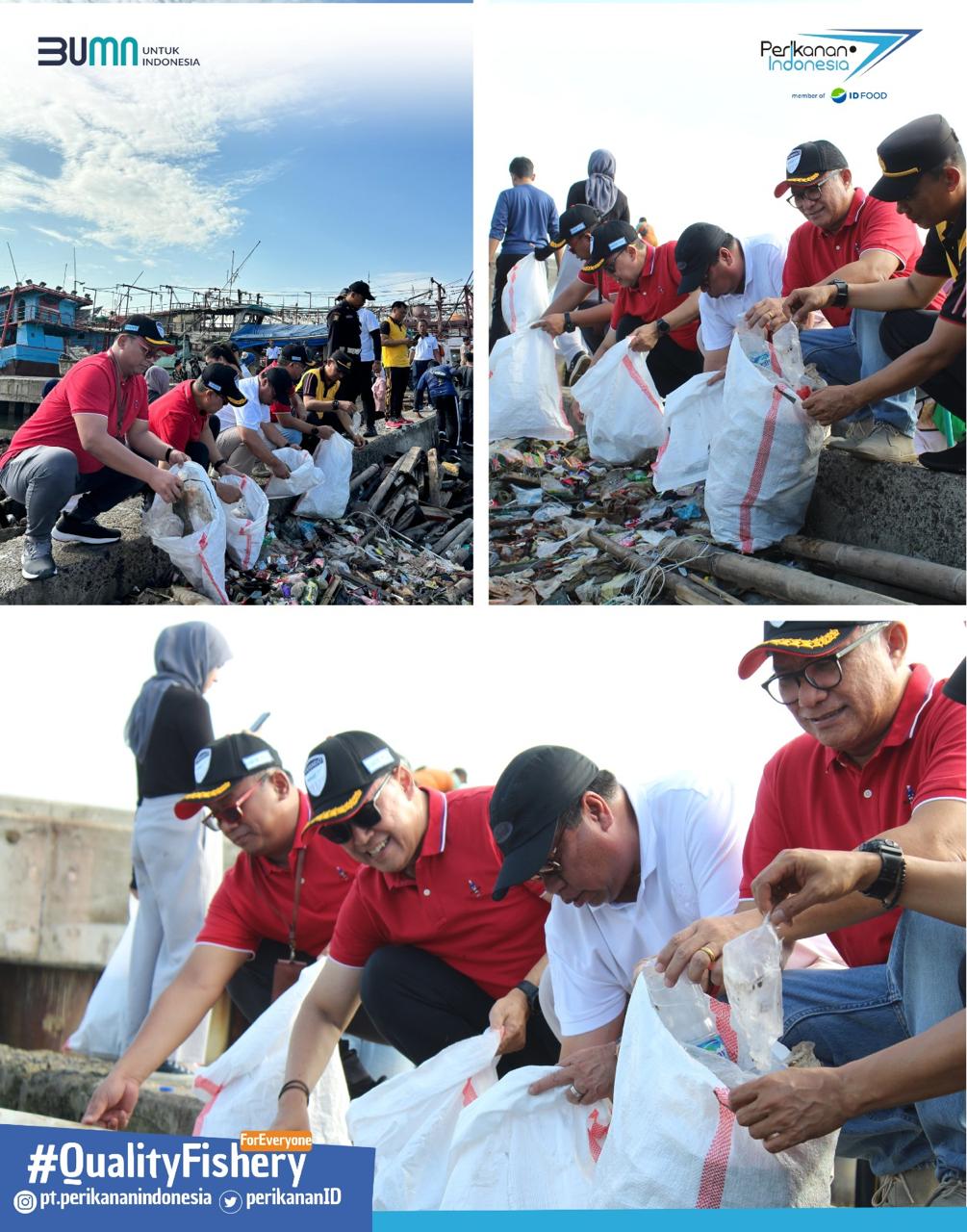 PT Perikanan Indonesia bersama dengan UPT Pelabuhan Perikanan Samudera Nizam Zachman Jakarta melaksanakan giat bersih kolam Pelabuhan perikanan Muara Baru