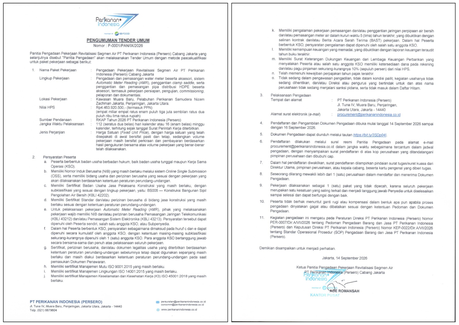 Pengumuman Tender Umum Revitalisasi Segmen Air Cab Jakarta